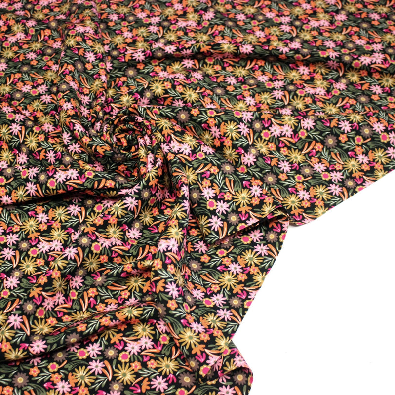 Tissu Viscose fluide JOLI petit fleuri rose ocre vert fond noir – STANDARD 100 OEKO - TEX - tissuspipi.com
