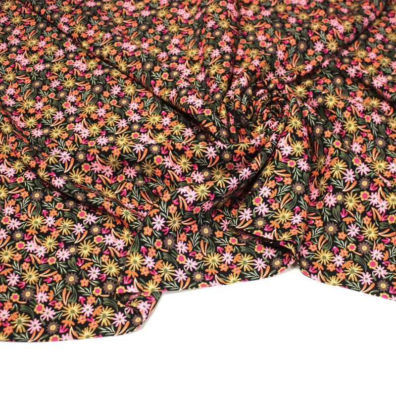 Tissu Viscose fluide JOLI petit fleuri rose ocre vert fond noir – STANDARD 100 OEKO - TEX - tissuspipi.com