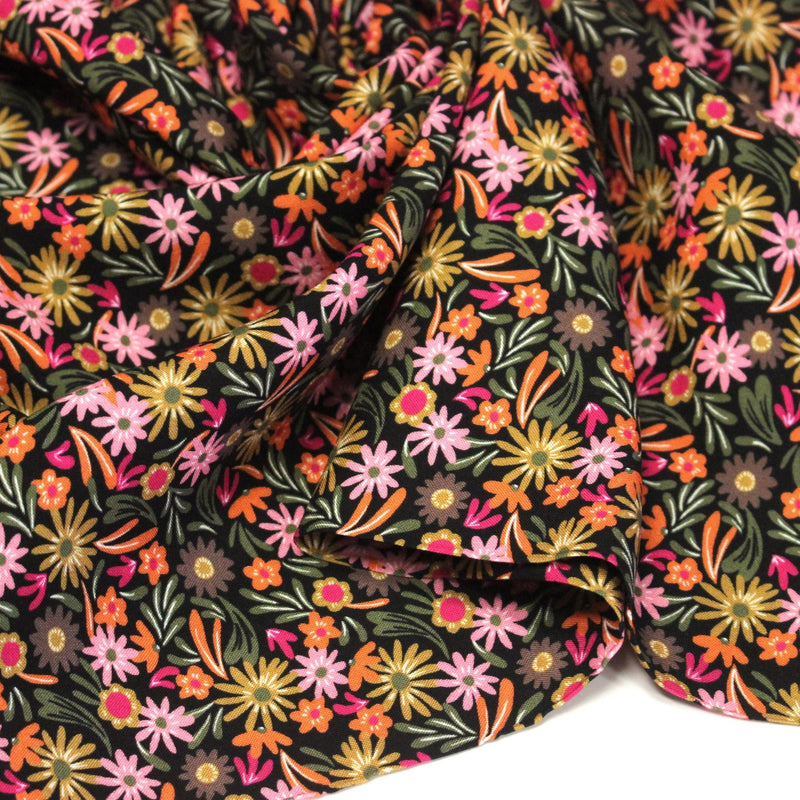 Tissu Viscose fluide JOLI petit fleuri rose ocre vert fond noir – STANDARD 100 OEKO - TEX - tissuspipi.com