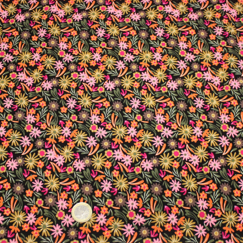 Tissu Viscose fluide JOLI petit fleuri rose ocre vert fond noir – STANDARD 100 OEKO - TEX - tissuspipi.com