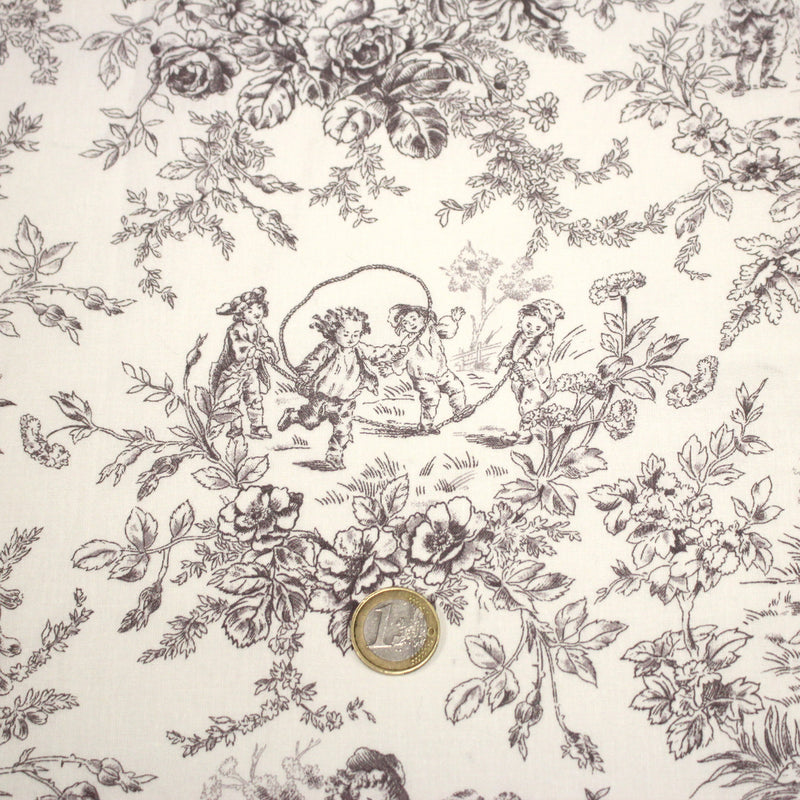 Tissu coton renforcé TOILE DE JOUY LES BAMBINS, grande largeur 280cm : bleu ou grège - OEKO - TEX - tissuspipi.com
