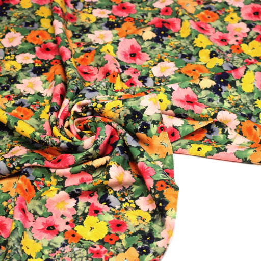 Tissu Viscose fluide REBECCA, floral jaune rose rouge, feuilles vertes - STANDARD 100 OEKO - TEX - tissuspipi.com