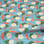 Tissu cotonnade motif japonais KOï aux poissons carpes koï & nénuphars, fond bleu d'eau - OEKO - TEX - tissuspipi.com