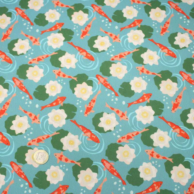 Tissu cotonnade motif japonais KOï aux poissons carpes koï & nénuphars, fond bleu d'eau - OEKO - TEX - tissuspipi.com