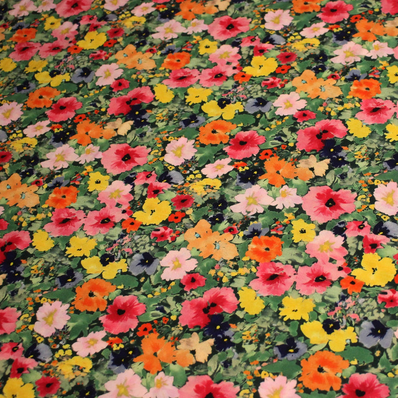 Tissu Viscose fluide REBECCA, floral jaune rose rouge, feuilles vertes - STANDARD 100 OEKO - TEX - tissuspipi.com