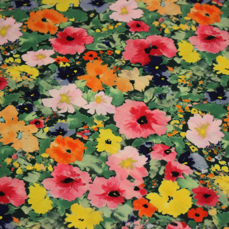 Tissu Viscose fluide REBECCA, floral jaune rose rouge, feuilles vertes - STANDARD 100 OEKO - TEX - tissuspipi.com
