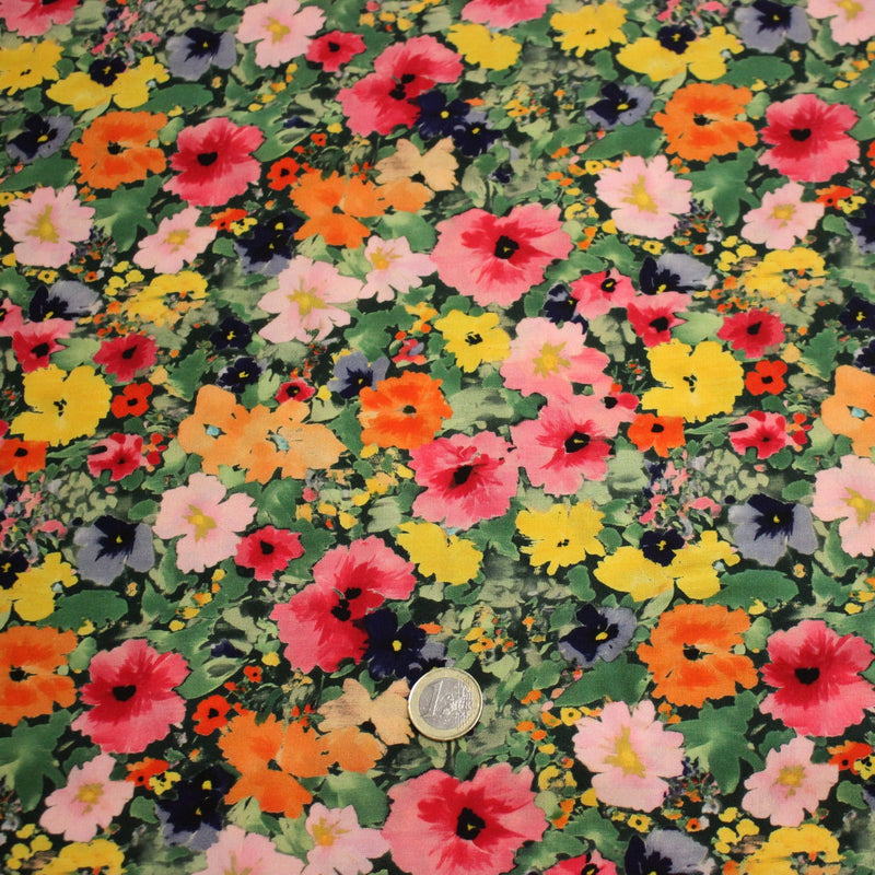 Tissu Viscose fluide REBECCA, floral jaune rose rouge, feuilles vertes - STANDARD 100 OEKO - TEX - tissuspipi.com
