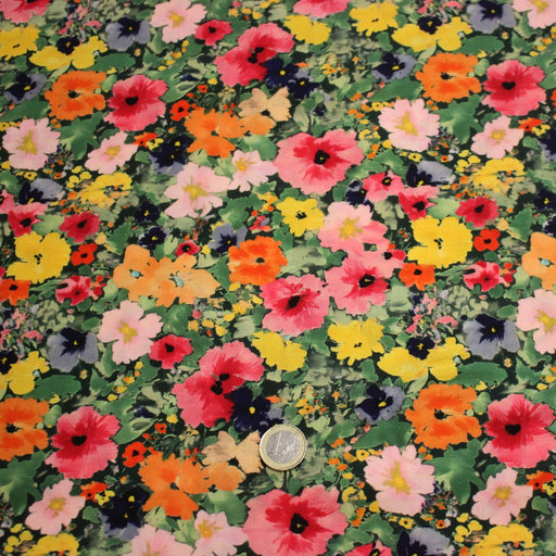 Tissu Viscose fluide REBECCA, floral jaune rose rouge, feuilles vertes - STANDARD 100 OEKO - TEX - tissuspipi.com