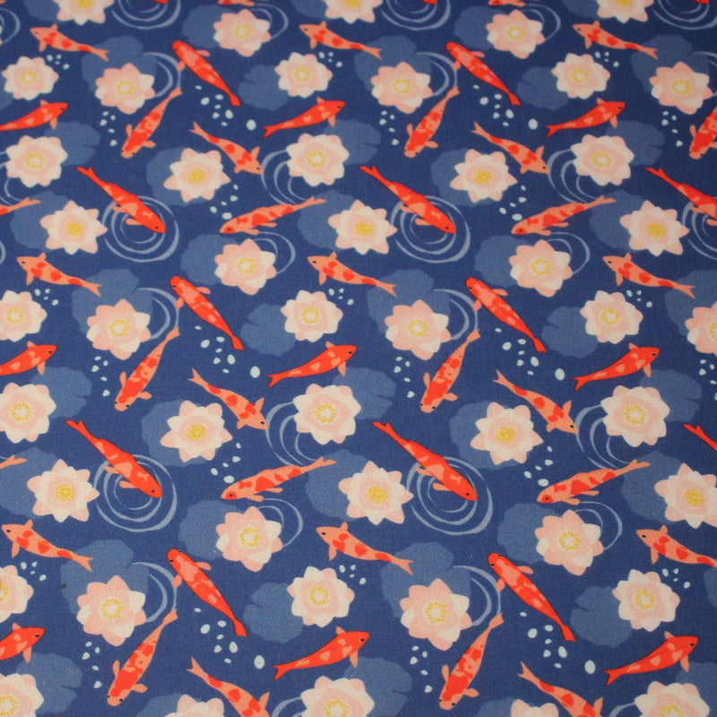 Tissu cotonnade motif japonais KOï aux poissons carpes koï & nénuphars, fond bleu roi - OEKO - TEX - tissuspipi.com