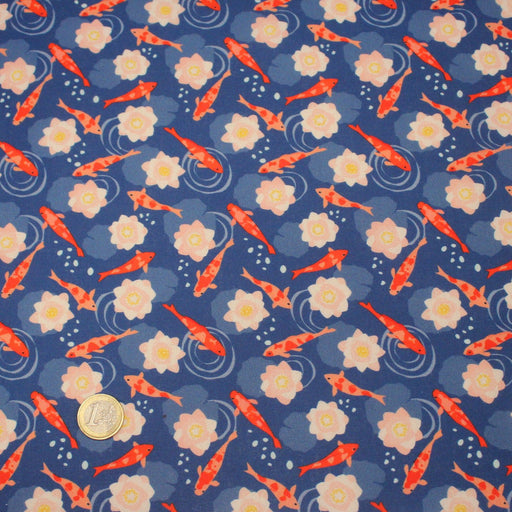 Tissu cotonnade motif japonais KOï aux poissons carpes koï & nénuphars, fond bleu roi - OEKO - TEX - tissuspipi.com