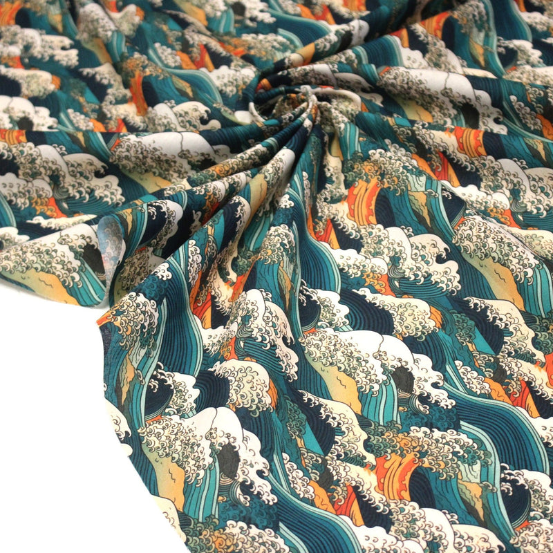 Tissu cotonnade motif japonais de la vague Kanagawa d’Hokusai, tons vert canard, oranges et blancs - OEKO - TEX - tissuspipi.com
