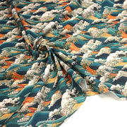 Tissu cotonnade motif japonais de la vague Kanagawa d’Hokusai, tons vert canard, oranges et blancs - OEKO - TEX - tissuspipi.com