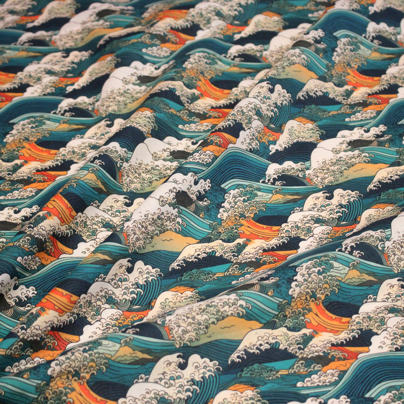 Tissu cotonnade motif japonais de la vague Kanagawa d’Hokusai, tons vert canard, oranges et blancs - OEKO - TEX - tissuspipi.com