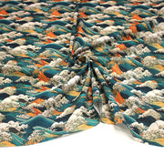 Tissu cotonnade motif japonais de la vague Kanagawa d’Hokusai, tons vert canard, oranges et blancs - OEKO - TEX - tissuspipi.com
