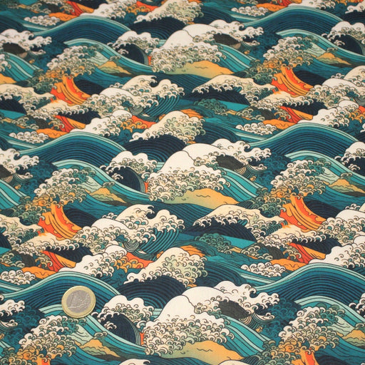 Tissu cotonnade motif japonais de la vague Kanagawa d’Hokusai, tons vert canard, oranges et blancs - OEKO - TEX - tissuspipi.com