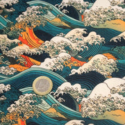 Tissu cotonnade motif japonais de la vague Kanagawa d’Hokusai, tons vert canard, oranges et blancs - OEKO - TEX - tissuspipi.com