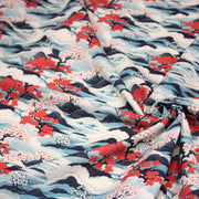 Tissu cotonnade motif japonais de la vague Hokusai & fleurs cerisiers Sakura, tons bleus & rouges - OEKO - TEX - tissuspipi.com
