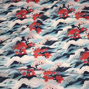 Tissu cotonnade motif japonais de la vague Hokusai & fleurs cerisiers Sakura, tons bleus & rouges - OEKO - TEX - tissuspipi.com