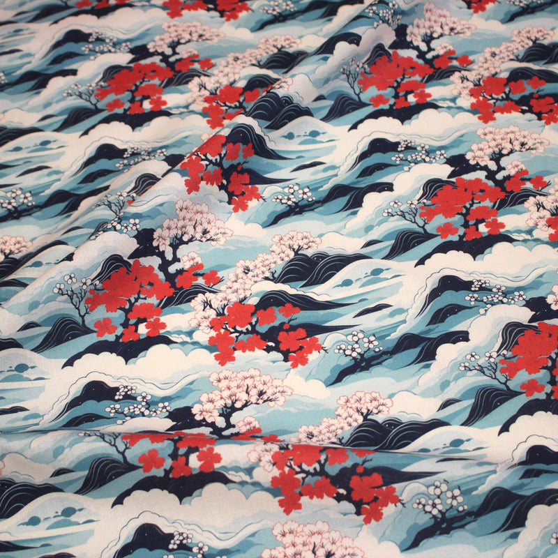 Tissu cotonnade motif japonais de la vague Hokusai & fleurs cerisiers Sakura, tons bleus & rouges - OEKO - TEX - tissuspipi.com
