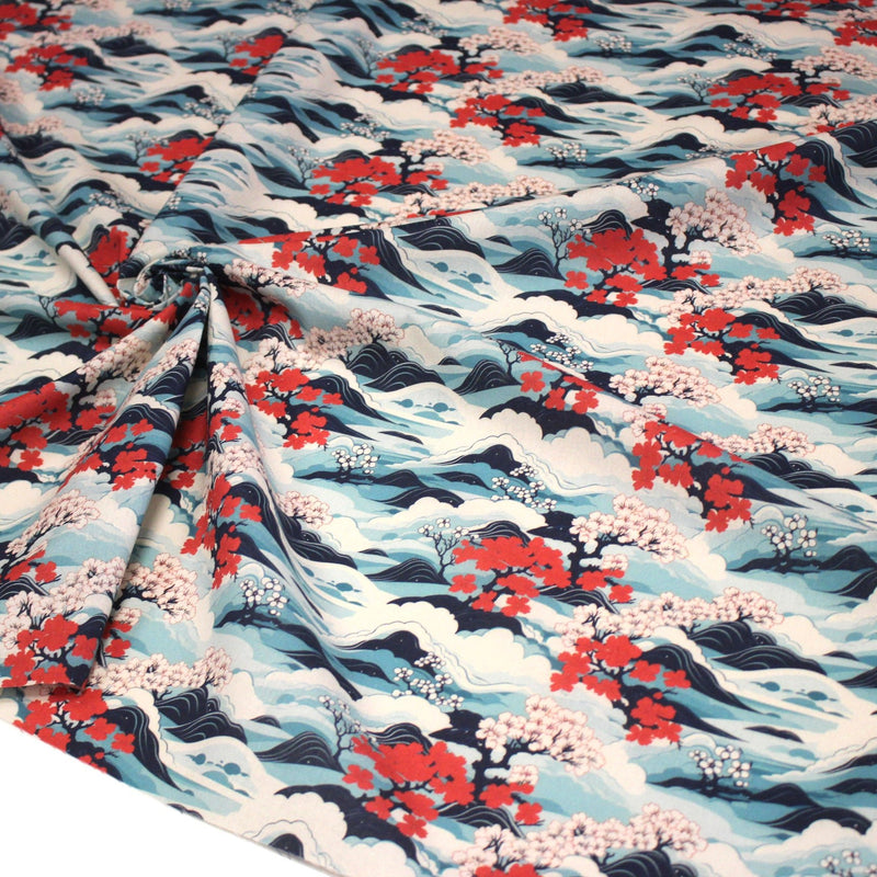 Tissu cotonnade motif japonais de la vague Hokusai & fleurs cerisiers Sakura, tons bleus & rouges - OEKO - TEX - tissuspipi.com