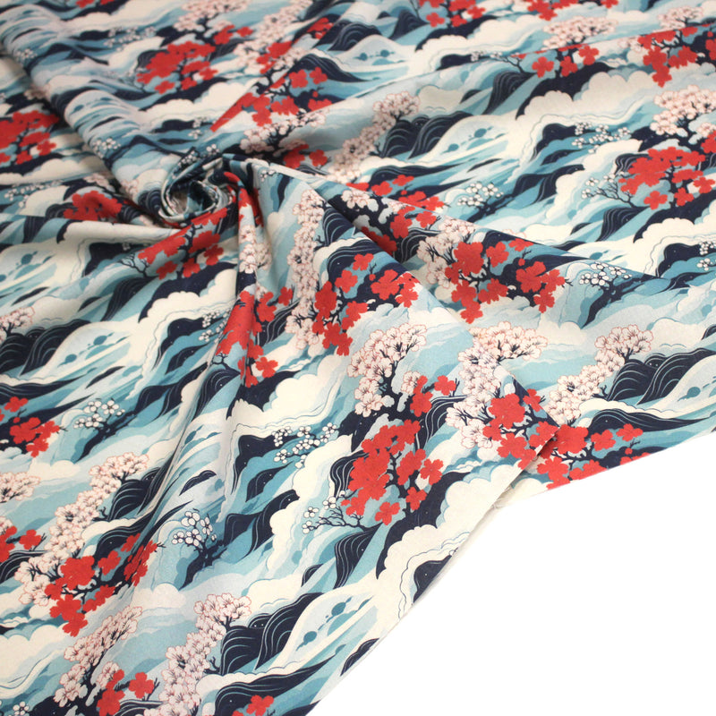Tissu cotonnade motif japonais de la vague Hokusai & fleurs cerisiers Sakura, tons bleus & rouges - OEKO - TEX - tissuspipi.com