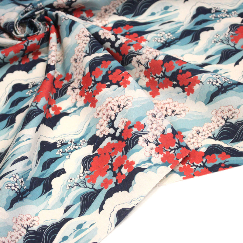 Tissu cotonnade motif japonais de la vague Hokusai & fleurs cerisiers Sakura, tons bleus & rouges - OEKO - TEX - tissuspipi.com