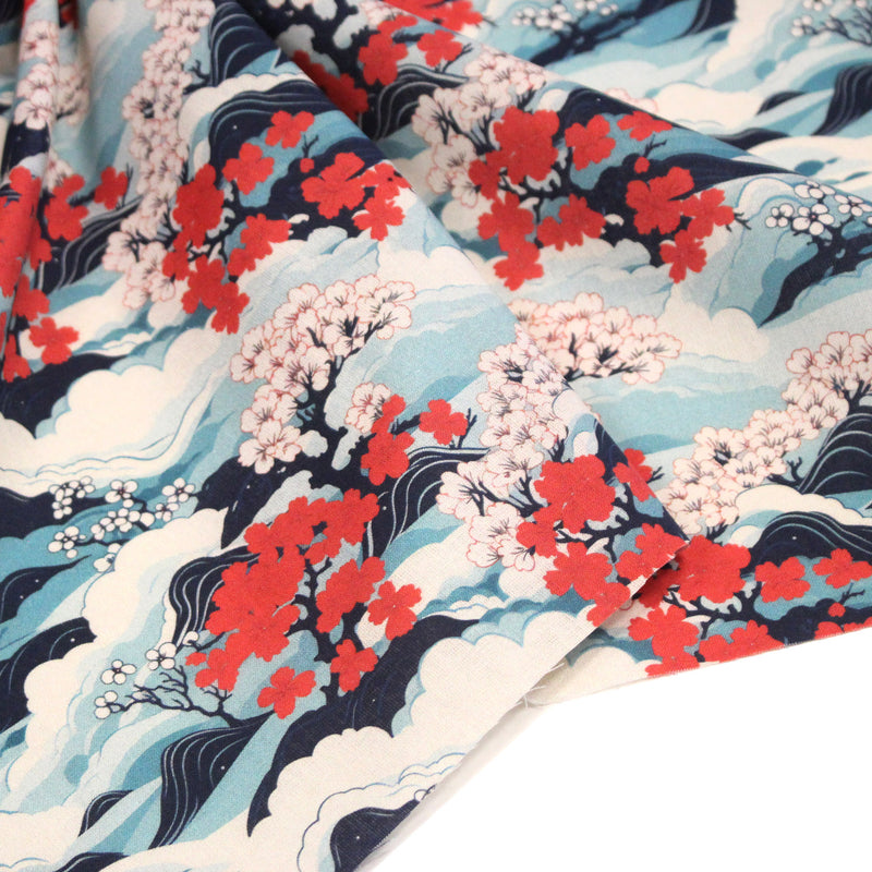 Tissu cotonnade motif japonais de la vague Hokusai & fleurs cerisiers Sakura, tons bleus & rouges - OEKO - TEX - tissuspipi.com