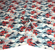 Tissu cotonnade motif japonais de la vague Hokusai & fleurs cerisiers Sakura, tons bleus & rouges - OEKO - TEX - tissuspipi.com