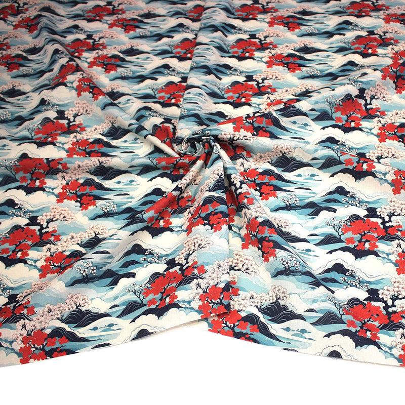 Tissu cotonnade motif japonais de la vague Hokusai & fleurs cerisiers Sakura, tons bleus & rouges - OEKO - TEX - tissuspipi.com