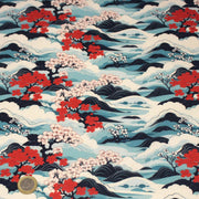 Tissu cotonnade motif japonais de la vague Hokusai & fleurs cerisiers Sakura, tons bleus & rouges - OEKO - TEX - tissuspipi.com
