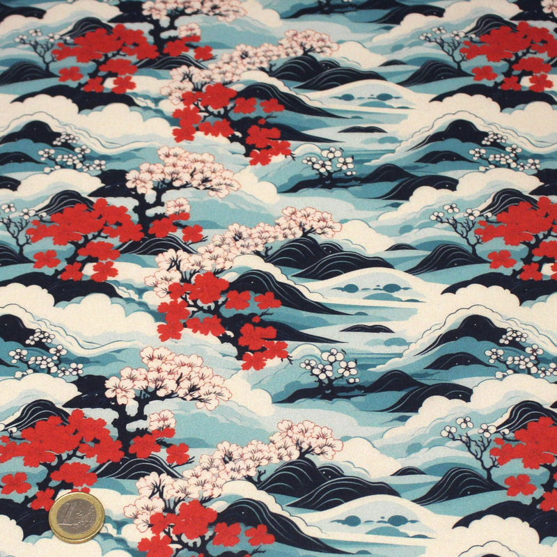 Tissu cotonnade motif japonais de la vague Hokusai & fleurs cerisiers Sakura, tons bleus & rouges - OEKO - TEX - tissuspipi.com