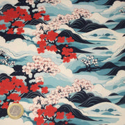Tissu cotonnade motif japonais de la vague Hokusai & fleurs cerisiers Sakura, tons bleus & rouges - OEKO - TEX - tissuspipi.com