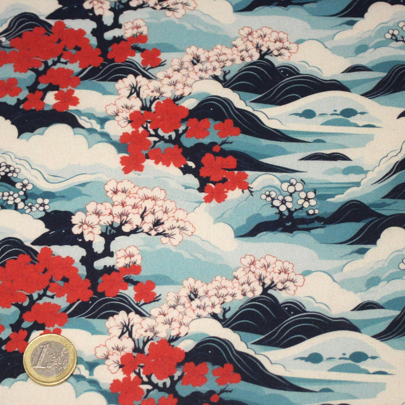 Tissu cotonnade motif japonais de la vague Hokusai & fleurs cerisiers Sakura, tons bleus & rouges - OEKO - TEX - tissuspipi.com