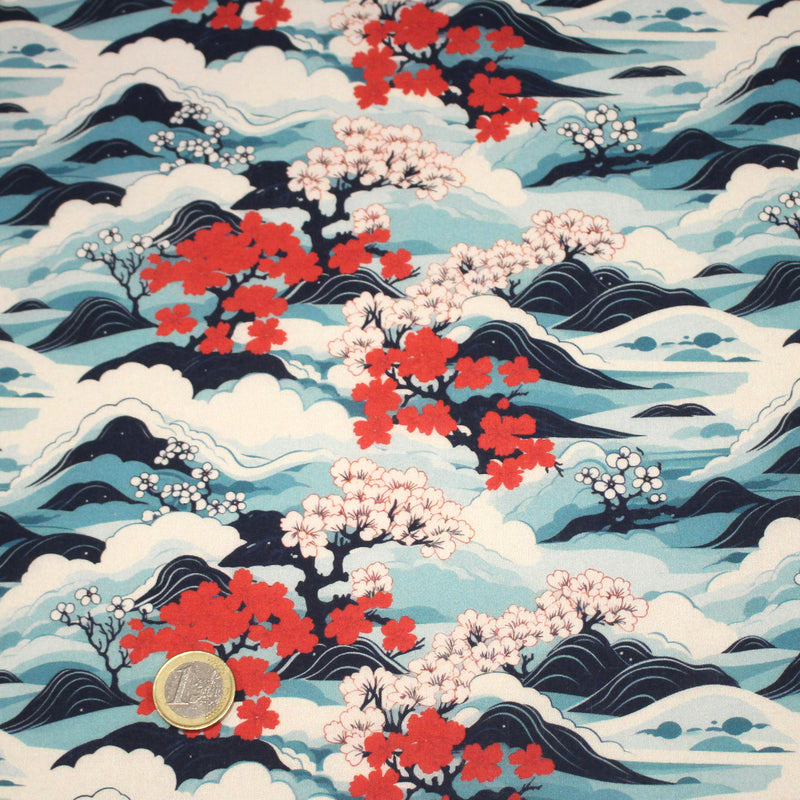 Tissu cotonnade motif japonais de la vague Hokusai & fleurs cerisiers Sakura, tons bleus & rouges - OEKO - TEX - tissuspipi.com
