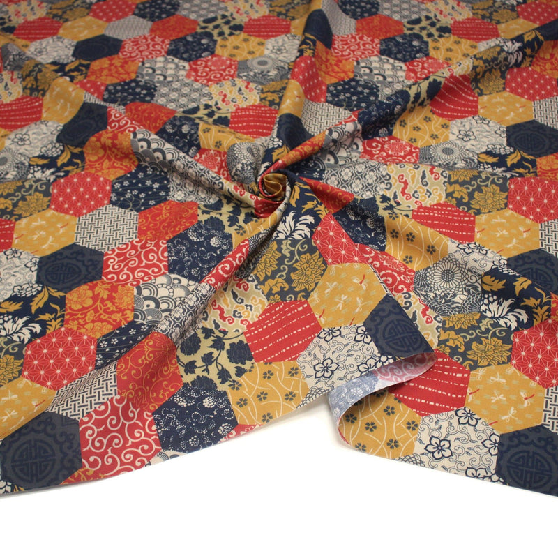 Tissu cotonnade HARAJUKA, motifs japonais, tons bleus, jaunes et rouges - OEKO - TEX - tissuspipi.com