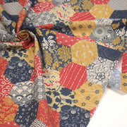 Tissu cotonnade HARAJUKA, motifs japonais, tons bleus, jaunes et rouges - OEKO - TEX - tissuspipi.com
