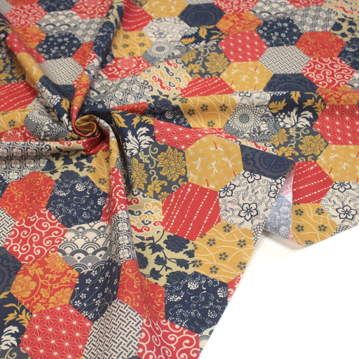 Tissu cotonnade HARAJUKA, motifs japonais, tons bleus, jaunes et rouges - OEKO - TEX - tissuspipi.com