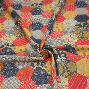 Tissu cotonnade HARAJUKA, motifs japonais, tons bleus, jaunes et rouges - OEKO - TEX - tissuspipi.com