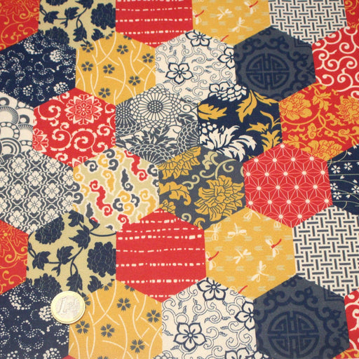 Tissu cotonnade HARAJUKA, motifs japonais, tons bleus, jaunes et rouges - OEKO - TEX - tissuspipi.com