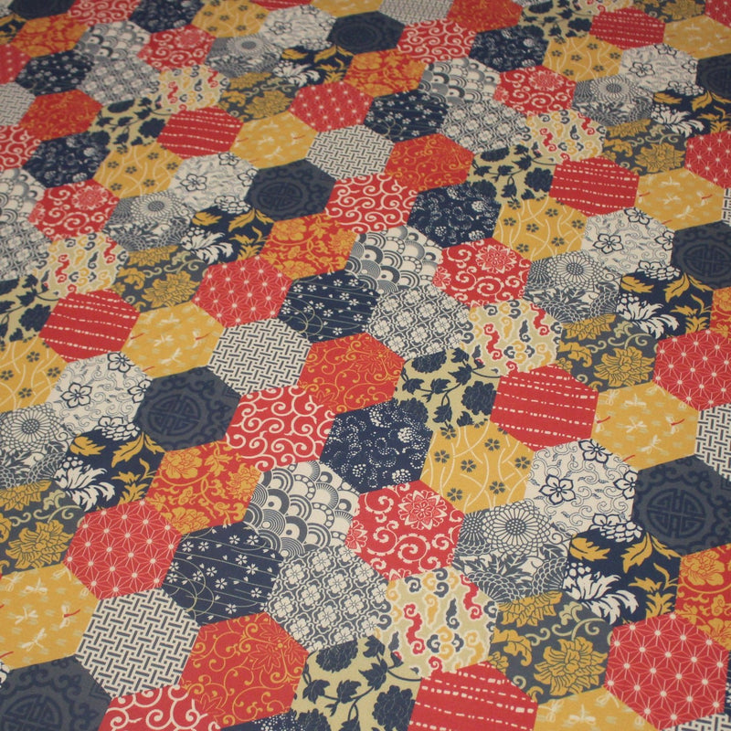 Tissu cotonnade HARAJUKA, motifs japonais, tons bleus, jaunes et rouges - OEKO - TEX - tissuspipi.com