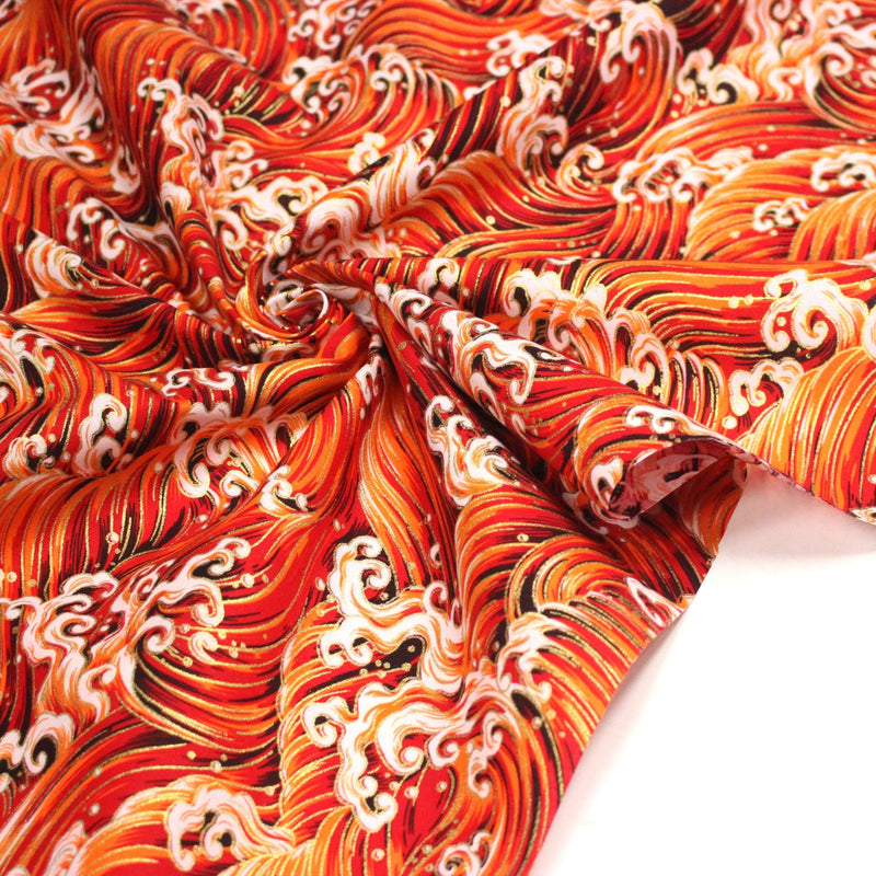 Tissu cotonnade motif japonais VAGUES HOKUSAI dorées, bleu ou rouge - COLLECTION JAPON DORÉ - tissuspipi.com