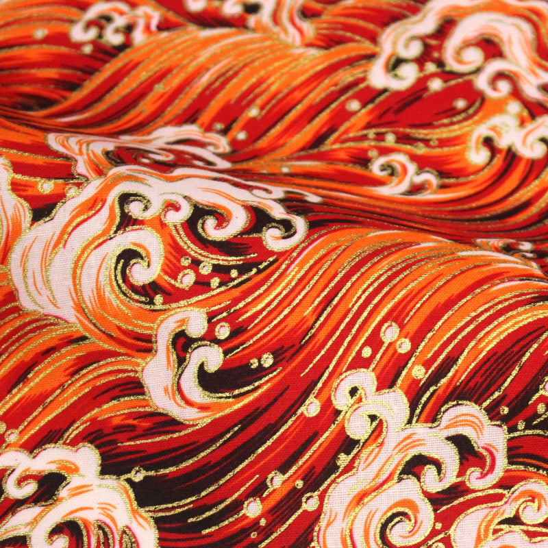Tissu cotonnade motif japonais VAGUES HOKUSAI dorées, bleu ou rouge - COLLECTION JAPON DORÉ - tissuspipi.com
