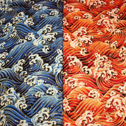 Tissu cotonnade motif japonais VAGUES HOKUSAI dorées, bleu ou rouge - COLLECTION JAPON DORÉ - tissuspipi.com
