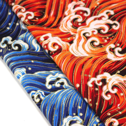 Tissu cotonnade motif japonais VAGUES HOKUSAI dorées, bleu ou rouge - COLLECTION JAPON DORÉ - tissuspipi.com