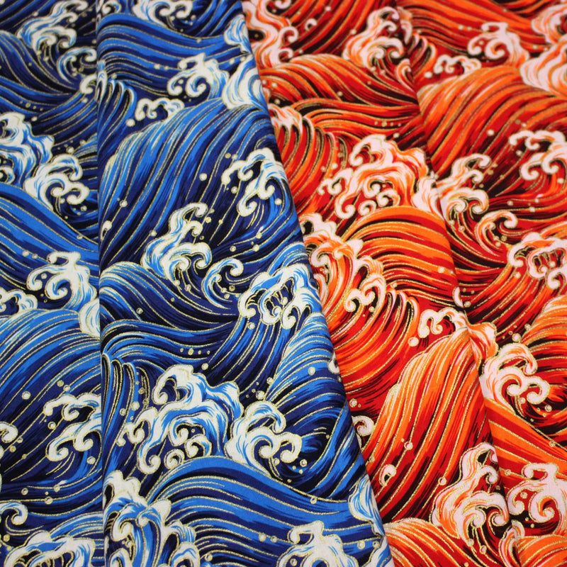 Tissu cotonnade motif japonais VAGUES HOKUSAI dorées, bleu ou rouge - COLLECTION JAPON DORÉ - tissuspipi.com