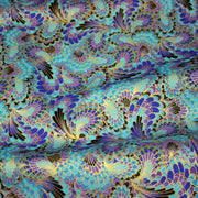 Tissu cotonnade motif japonais LES PLUMES DE PAON dorées, bleu turquoise ou rose fuchsia - COLLECTION JAPON DORÉ - tissuspipi.com