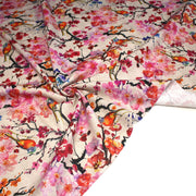 Tissu coton motif jardin japonais GUNMA aux oiseaux et fleurs de cerisier, fond lin - OEKO - TEX - tissuspipi.com