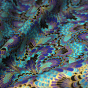 Tissu cotonnade motif japonais LES PLUMES DE PAON dorées, bleu turquoise ou rose fuchsia - COLLECTION JAPON DORÉ - tissuspipi.com