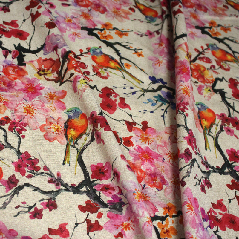 Tissu coton motif jardin japonais GUNMA aux oiseaux et fleurs de cerisier, fond lin - OEKO - TEX - tissuspipi.com