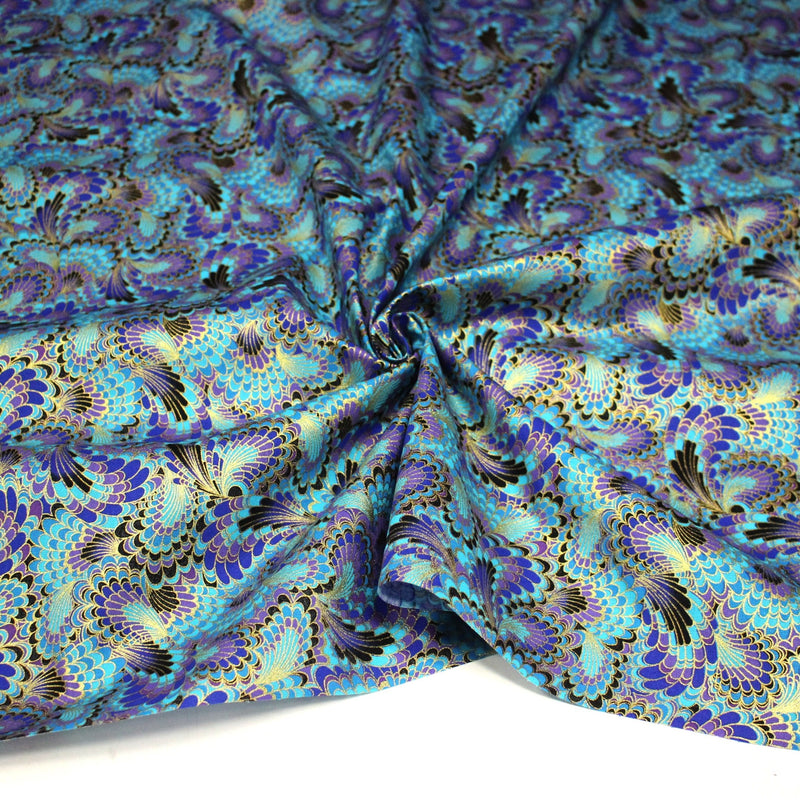 Tissu cotonnade motif japonais LES PLUMES DE PAON dorées, bleu turquoise ou rose fuchsia - COLLECTION JAPON DORÉ - tissuspipi.com
